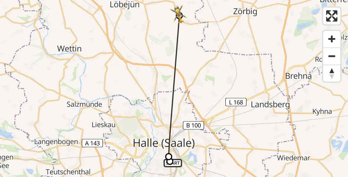 Routekaart van de vlucht: Ambulanzhubschrauber nach Petersberg, Werderthauer Dorfstraße