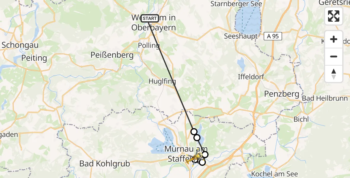 Routekaart van de vlucht: Rettungshubschrauber nach Murnau Accident Hospital