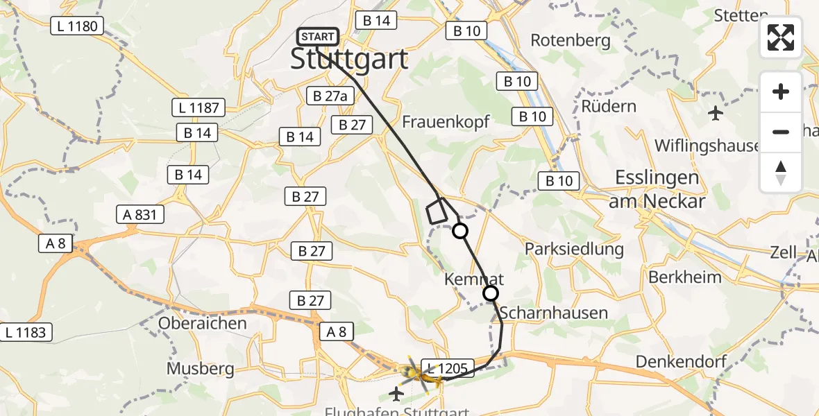Flugroute Rettungshubschrauber Stuttgart - Flughafen Stuttgart, 30 März 2026, 10:18