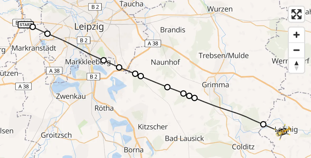 Flugroute Rettungshubschrauber Schkeuditz - Helios Clinic Leisnig, 30 März 2026, 10:19