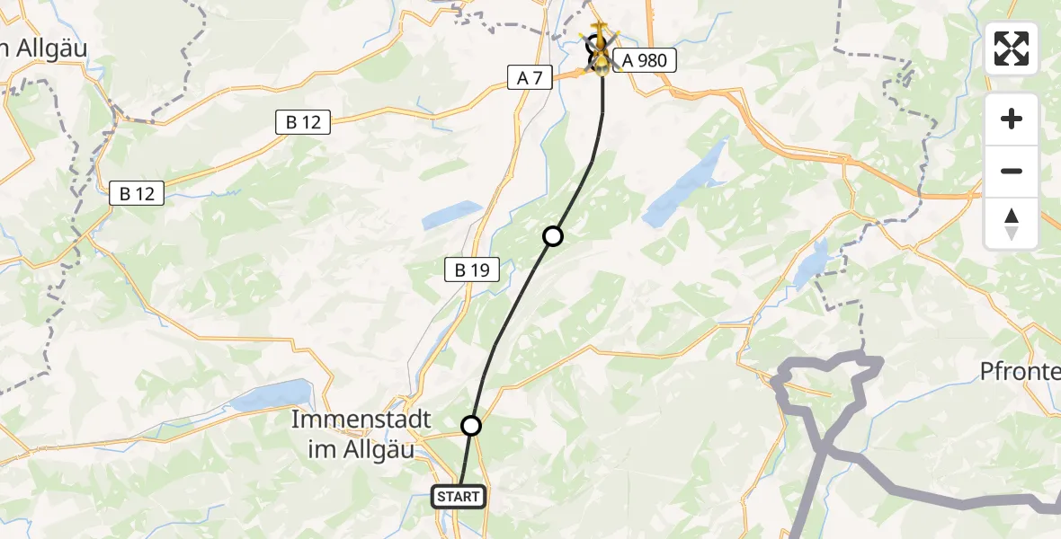 Routekaart van de vlucht: Rettungshubschrauber nach Kempten-Durach Flugplatz