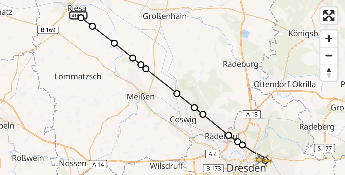 Routekaart van de vlucht: Rettungshubschrauber nach Dresden Elbwiesen Hubschrauberlandeplatz