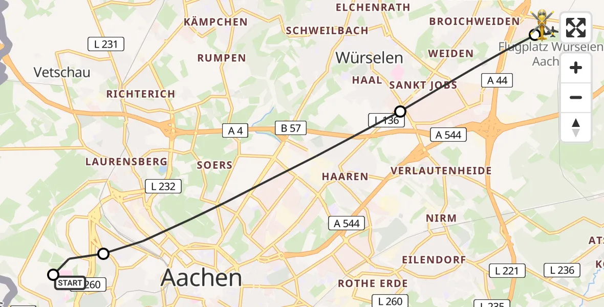 Flugroute Rettungshubschrauber Aachen Hospital - Aachen-Merzbrück Flughafen, 30 März 2026, 10:35