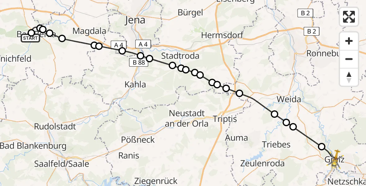 Flugroute Ambulanzhubschrauber Bad Berka Central Hospital - Greiz, 30 März 2026, 10:39