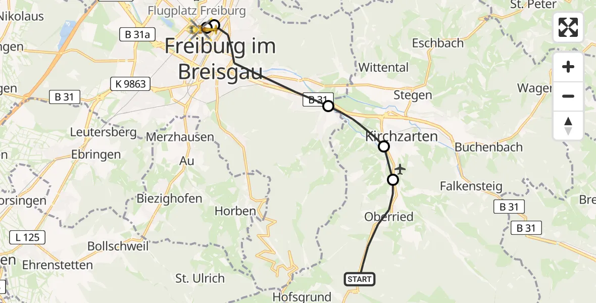 Routekaart van de vlucht: Rettungshubschrauber nach Freiburg University Hospital Heliport 1