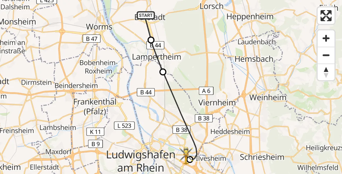 Routekaart van de vlucht: Rettungshubschrauber nach Mannheim-City Flughafen