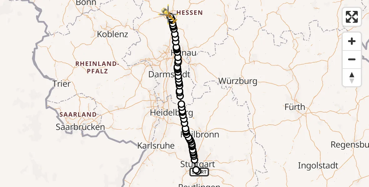 Flugroute Rettungshubschrauber Flughafen Stuttgart - Gießen, 30 März 2026, 10:52