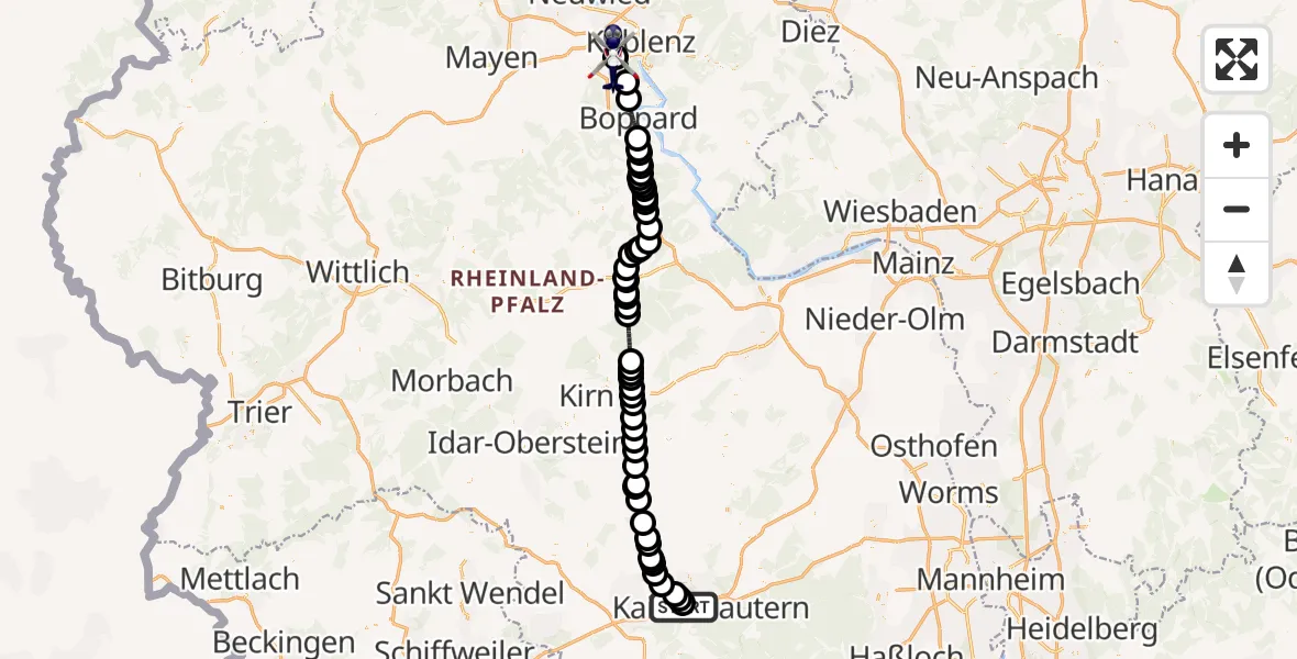 Flugroute Polizeihubschrauber Kaiserslautern - Koblenz-Winningen Flugplatz, 30 März 2026, 10:52