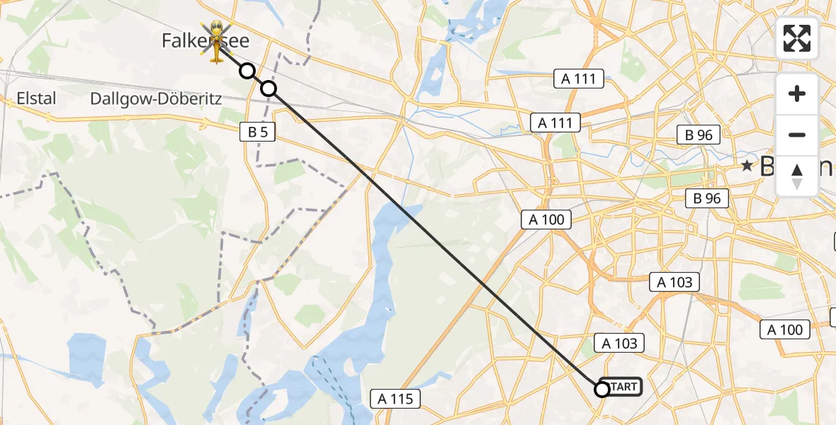 Flugroute Rettungshubschrauber Charité Clinic Benjamin Franklin Campus - Falkensee, 30 März 2026, 11:02