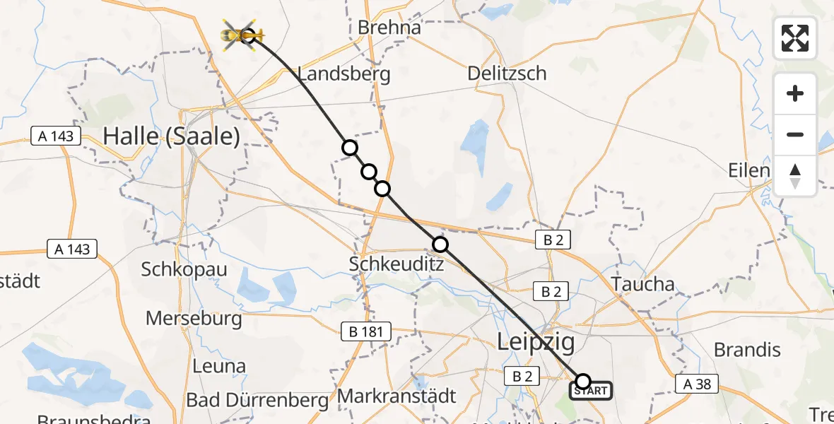 Routekaart van de vlucht: Rettungshubschrauber nach Halle-Oppin Flugplatz
