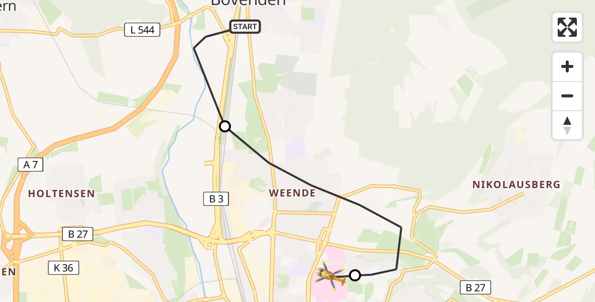 Flugroute Rettungshubschrauber Bovenden - Göttingen University Clinic Hubschrauberlandeplatz, 30 März 2026, 11:07