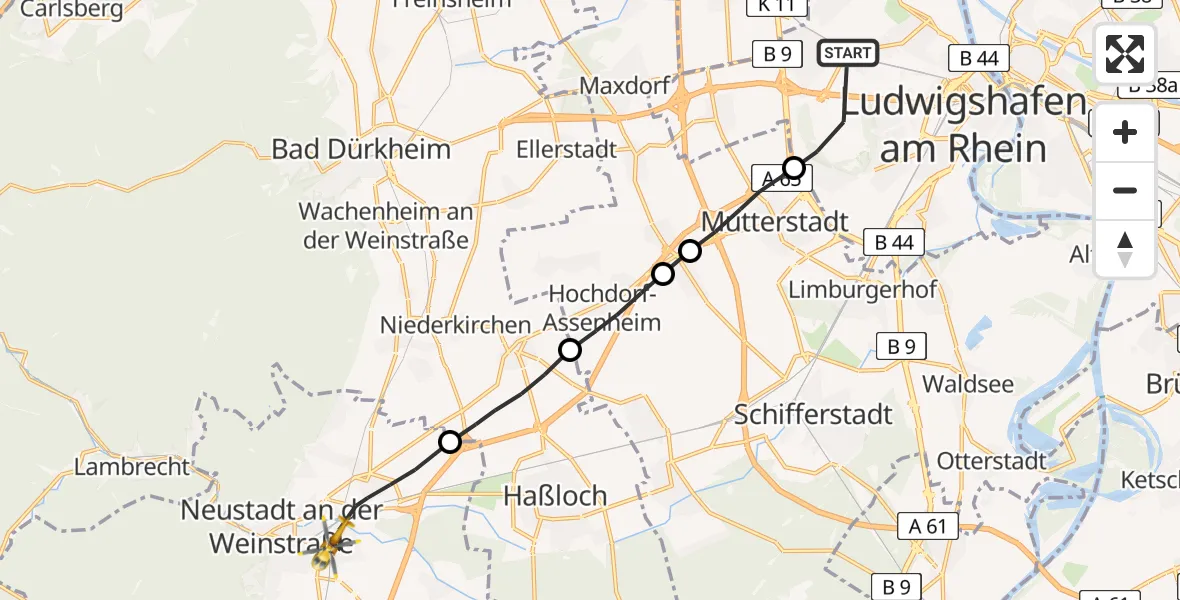 Flugroute Rettungshubschrauber Ludwigshafen am Rhein - Neustadt an der Weinstraße, 30 März 2026, 11:29