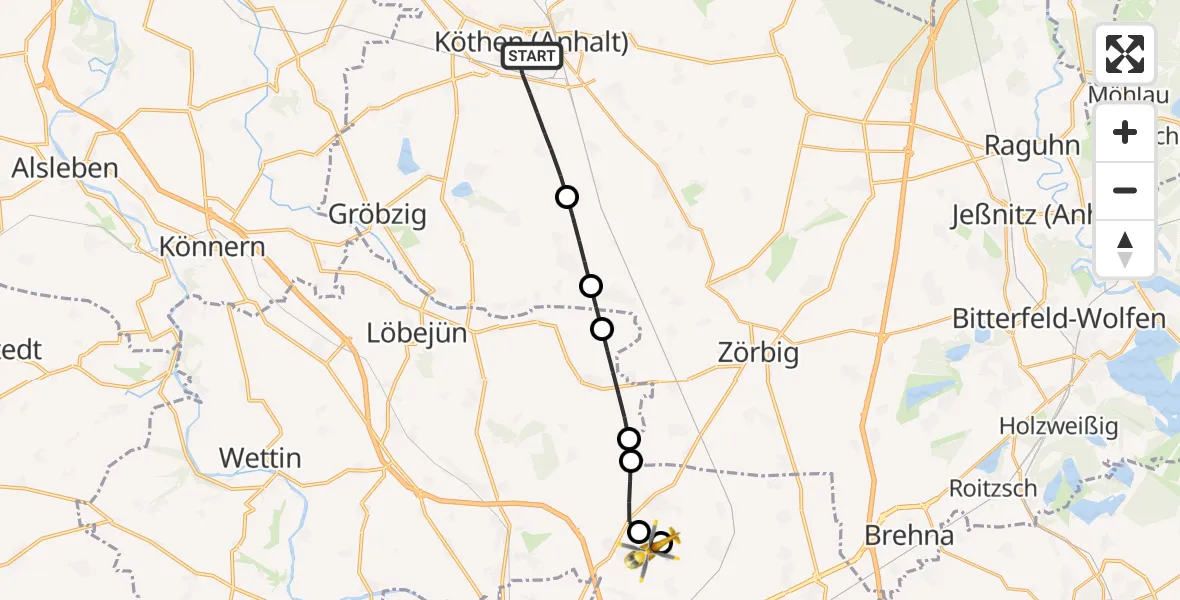 Flugroute Ambulanzhubschrauber Köthen (Anhalt) - Halle-Oppin Flugplatz, 30 März 2026, 11:31