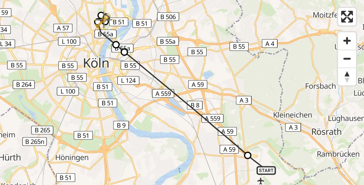 Flugroute Ambulanzhubschrauber Köln Bonn Flughafen - Amsterdam Street Children's Hospital, 30 März 2026, 11:35