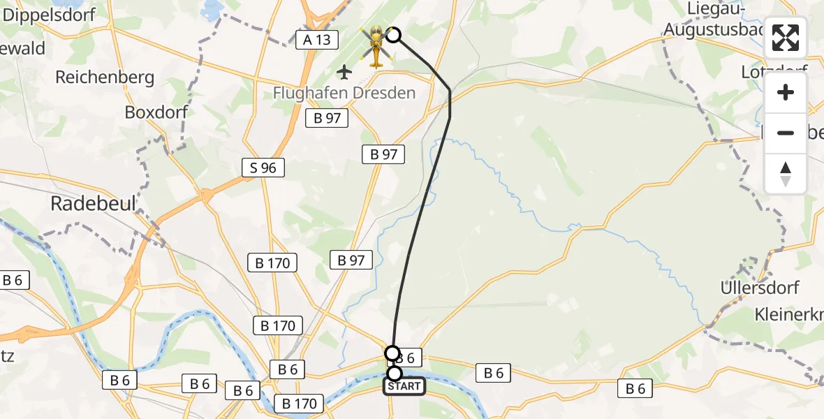 Routekaart van de vlucht: Rettungshubschrauber nach Dresden Bundespolizei Hubschrauberlandeplatz