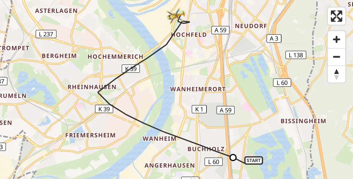 Flugroute Rettungshubschrauber Duisburg Air Rescue Hubschrauberlandeplatz (Christoph 9) - Duisburg, 30 März 2026, 11:38