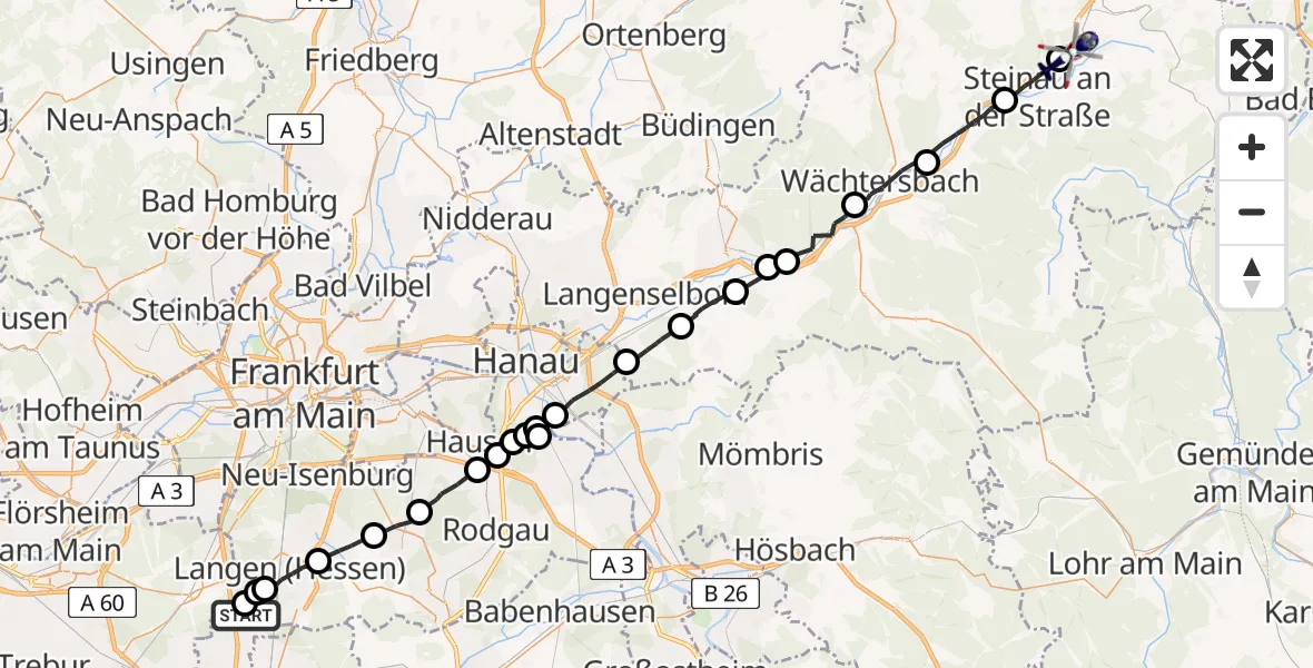 Routekaart van de vlucht: Polizeihubschrauber nach Schlüchtern, A 66