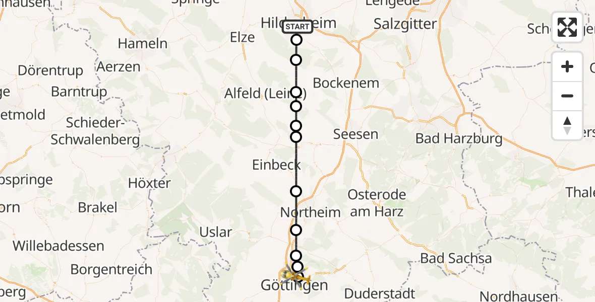Flugroute Ambulanzhubschrauber Hildesheim - Göttingen University Clinic Hubschrauberlandeplatz, 30 März 2026, 11:49
