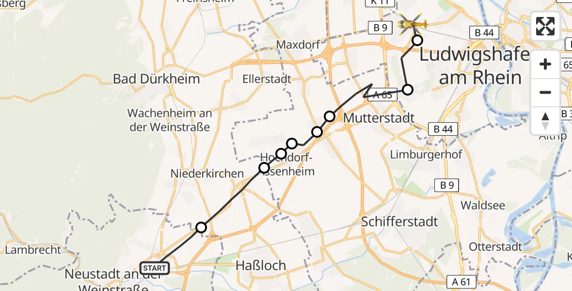 Routekaart van de vlucht: Rettungshubschrauber nach Ludwigshafen am Rhein, Prälat-Caire-Straße
