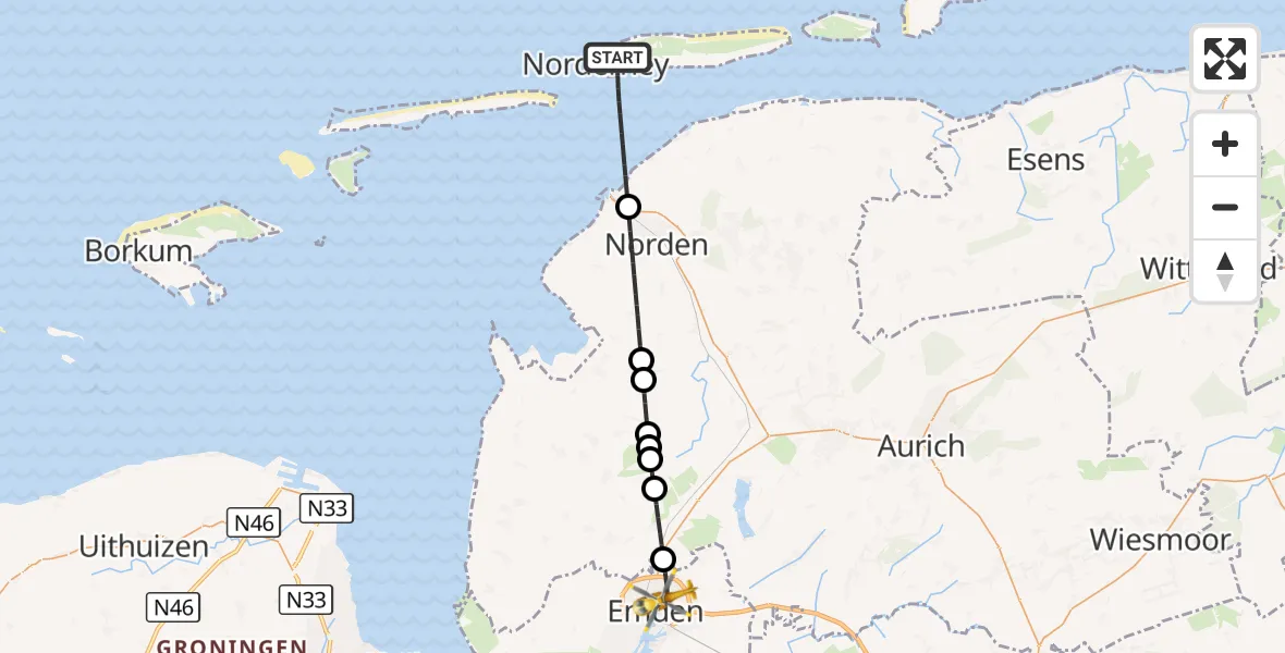 Flugroute Rettungshubschrauber Noordzee - Emden, 30 März 2026, 12:07