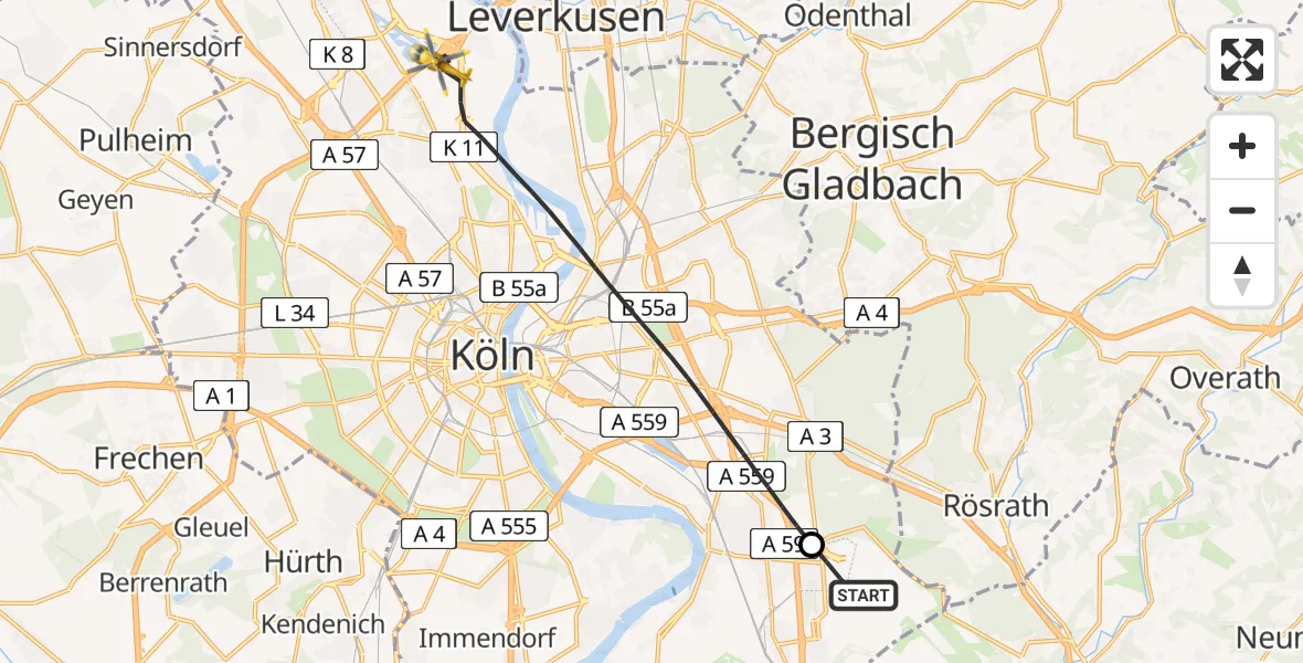 Flugroute Rettungshubschrauber Köln Bonn Flughafen - Köln, 30 März 2026, 12:10