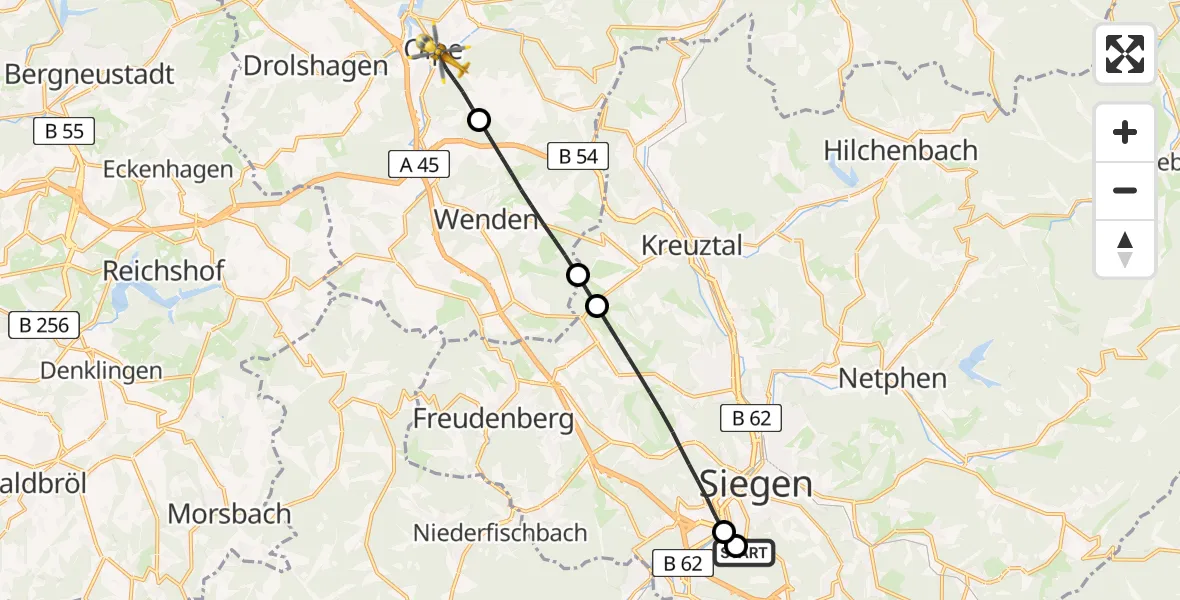 Flugroute Rettungshubschrauber Evangelisches Jung-Stilling Hospital - Olpe, 30 März 2026, 12:12
