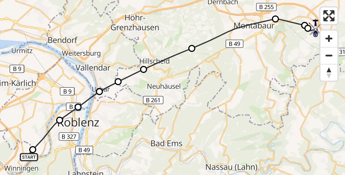 Flugroute Polizeihubschrauber Koblenz-Winningen Flugplatz - Nomborn, 30 März 2026, 12:18