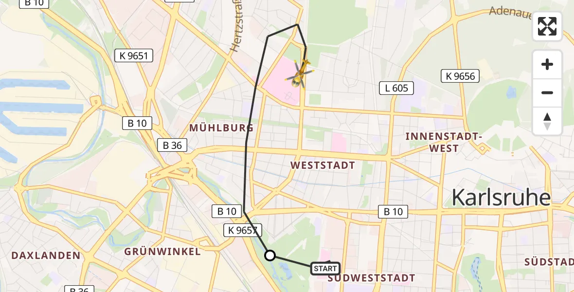 Routekaart van de vlucht: Rettungshubschrauber nach Karlsruhe, Franz-Lust-Straße