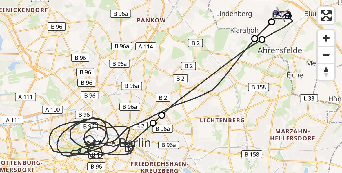 Flugroute Polizeihubschrauber Ahrensfelde Hubschrauberlandeplatz - Ahrensfelde Hubschrauberlandeplatz, 30 März 2026, 12:23