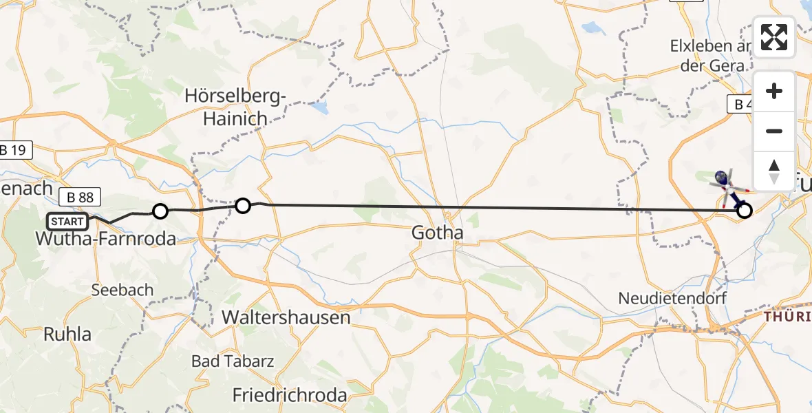 Routekaart van de vlucht: Polizeihubschrauber nach Erfurt-Weimar Flughafen