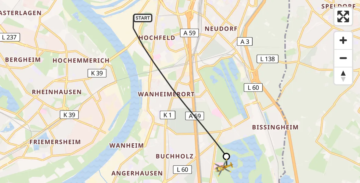 Flugroute Rettungshubschrauber Duisburg - Duisburg Air Rescue Hubschrauberlandeplatz (Christoph 9), 30 März 2026, 12:33