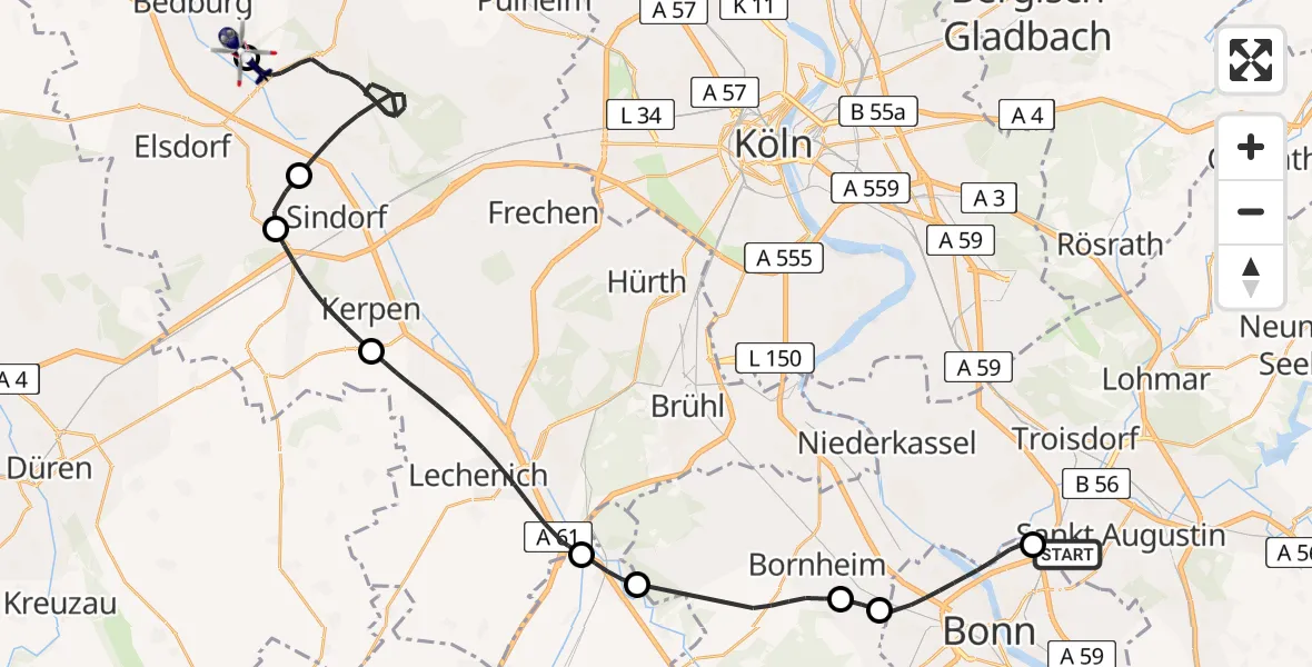 Flugroute Polizeihubschrauber Sankt Augustin - Bergheim Flugplatz, 30 März 2026, 12:37