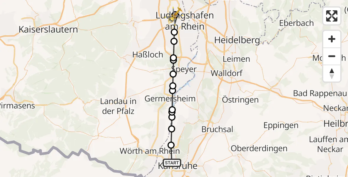 Flugroute Rettungshubschrauber Karlsruhe - Ludwigshafen Accident Hospital, 30 März 2026, 12:42