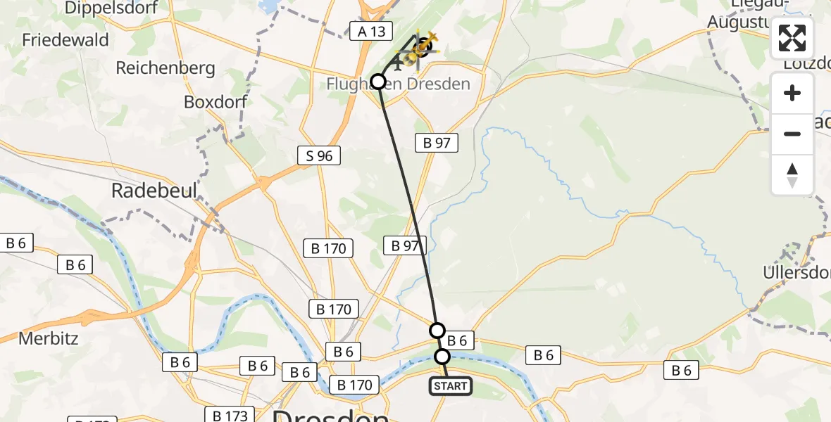 Routekaart van de vlucht: Ambulanzhubschrauber nach Dresden Flughafen, Dresden Bundespolizei Hubschrauberlandeplatz