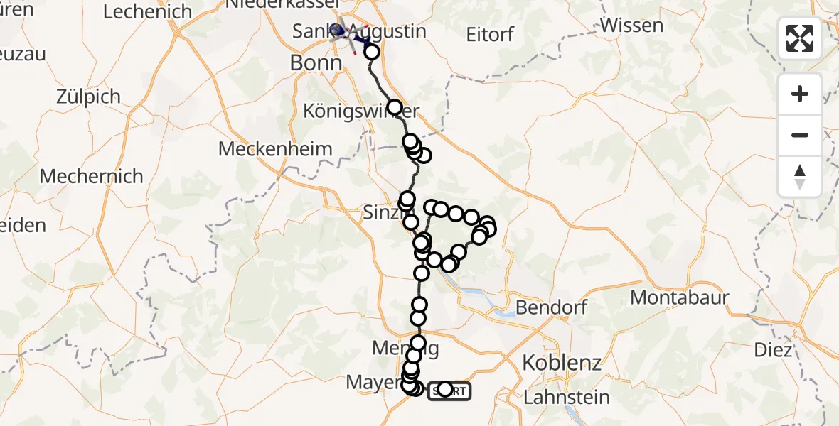 Flugroute Polizeihubschrauber Kerben - Sankt Augustin, 30 März 2026, 13:02