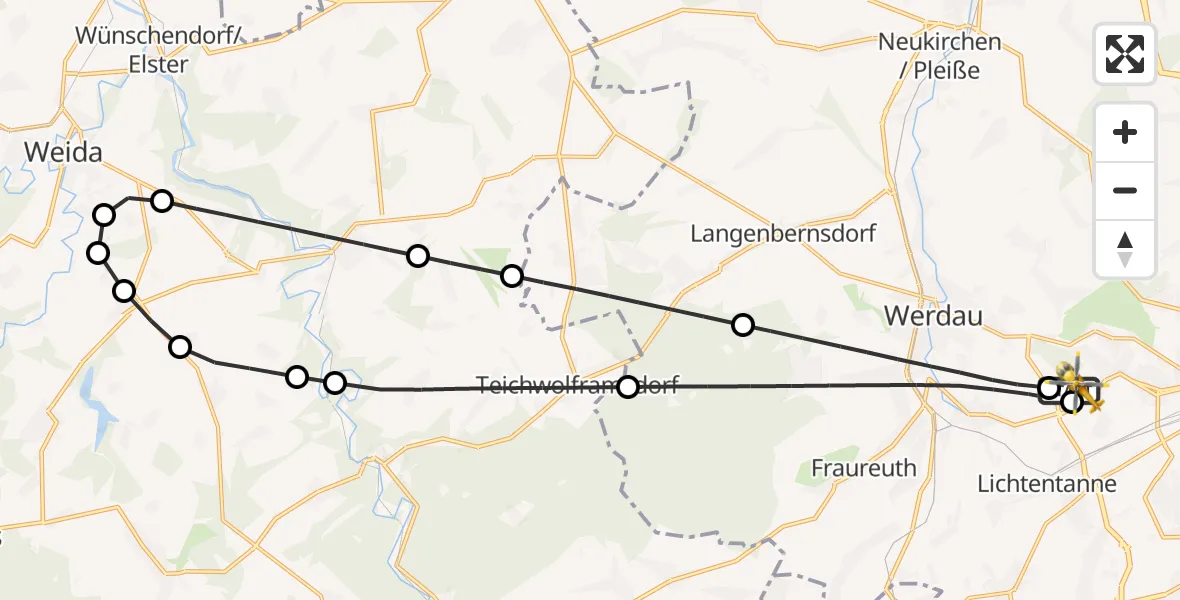 Flugroute Rettungshubschrauber ADAC Air Rescue Station Zwickau Hubschrauberlandeplatz - ADAC Air Rescue Station Zwickau Hubschrauberlandeplatz, 30 März 2026, 13:06
