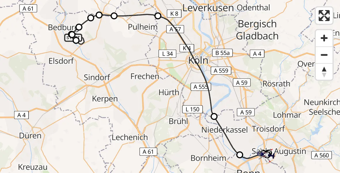 Flugroute Polizeihubschrauber Bergheim Flugplatz - Sankt Augustin, 30 März 2026, 13:08