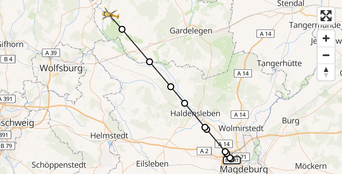Flugroute Rettungshubschrauber Magdeburg Hospital - Klötze, 30 März 2026, 13:17