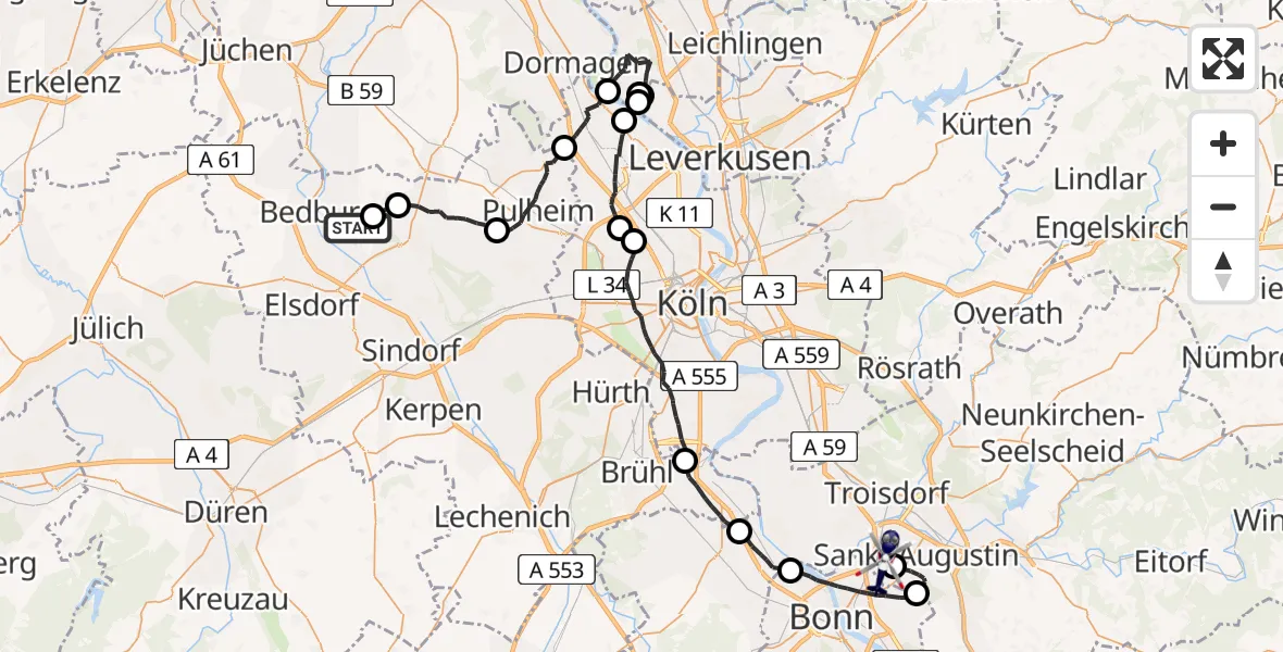 Routekaart van de vlucht: Polizeihubschrauber nach Bonn-Hangelar Flugplatz