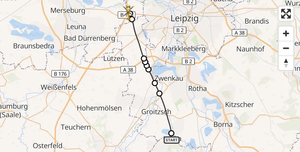 Flugroute Rettungshubschrauber Lucka - ADAC Air Rescue Station Leipzig/Schkeuditz-Dölzig Hubschrauberlandeplatz (Christoph 61), 30 März 2026, 13:20