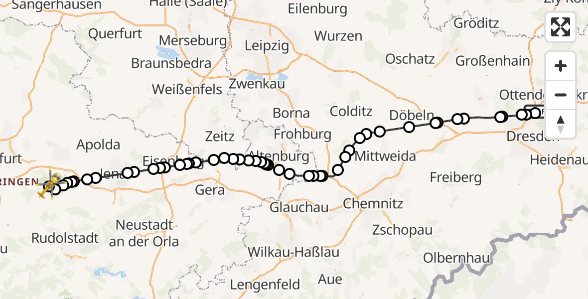 Flugroute Ambulanzhubschrauber Dresden Flughafen - DRF Rettungsstation Bad Berka Hubschrauberlandeplatz, 30 März 2026, 13:20