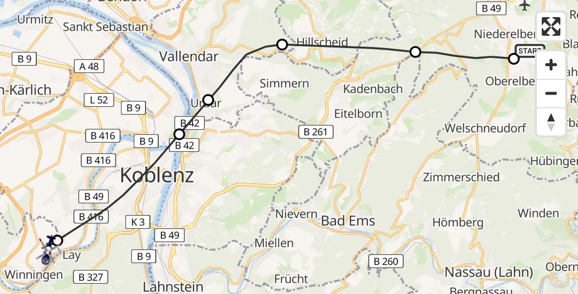 Routekaart van de vlucht: Polizeihubschrauber nach Koblenz-Winningen Flugplatz