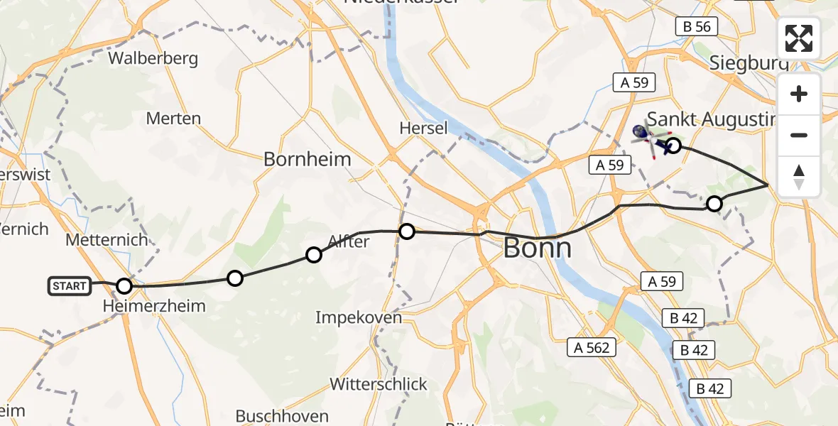Flugroute Polizeihubschrauber Weilerswist - Bonn-Hangelar Flugplatz, 30 März 2026, 13:40