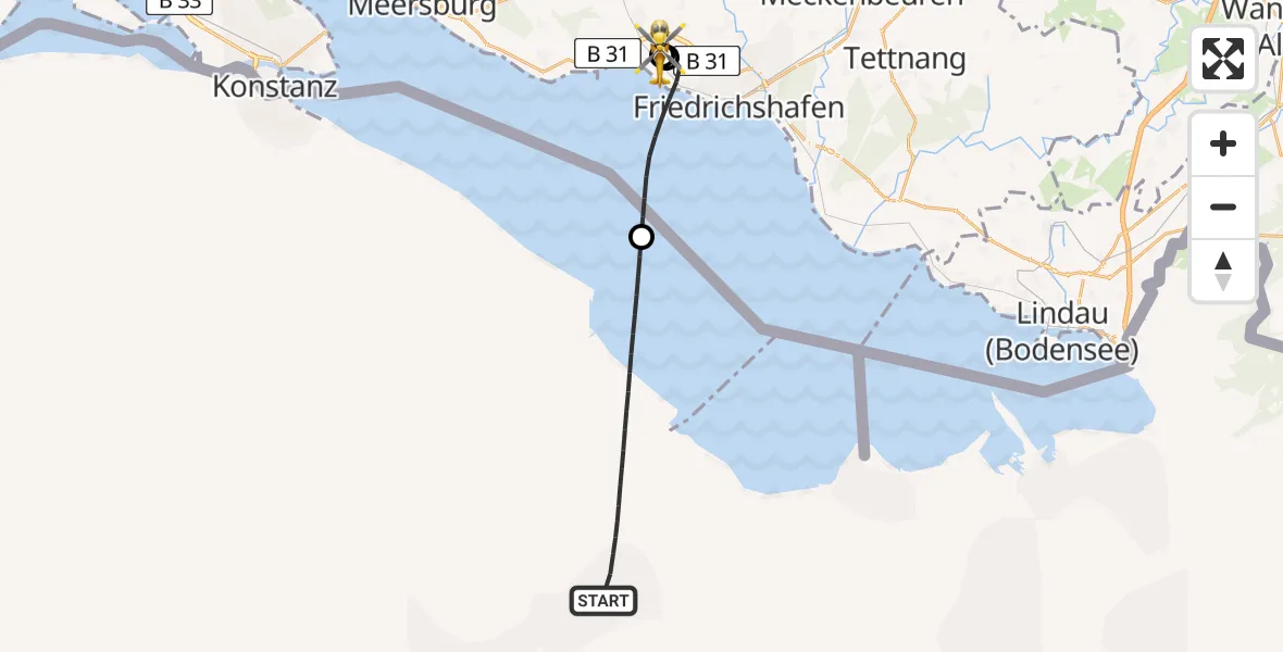 Flugroute Rettungshubschrauber Sankt Gallen Cantonal Hospital Heliport - Friedrichshafen Hospital, 30 März 2026, 13:44