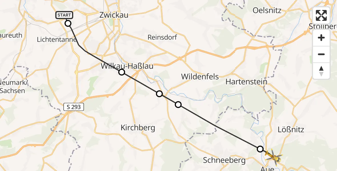 Flugroute Rettungshubschrauber ADAC Air Rescue Station Zwickau Hubschrauberlandeplatz - Aue-Bad Schlema, 30 März 2026, 13:49