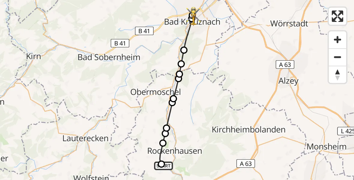 Flugroute Rettungshubschrauber Imsweiler UL - Bad Kreuznach, 30 März 2026, 13:50