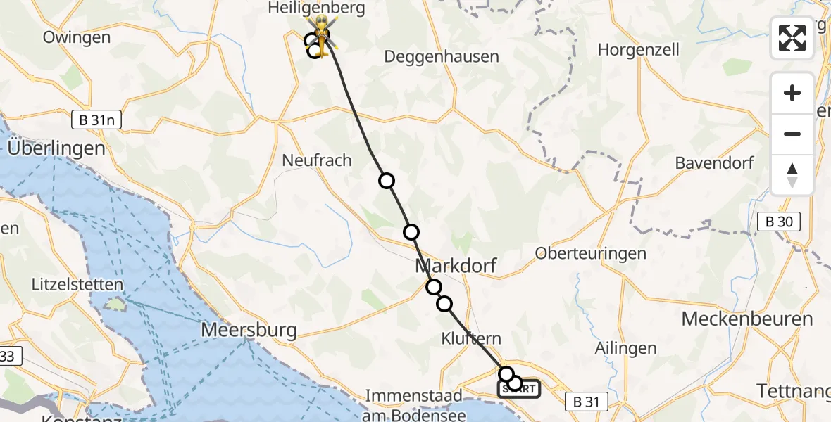 Flugroute Rettungshubschrauber Friedrichshafen Hospital - Salem, 30 März 2026, 14:01