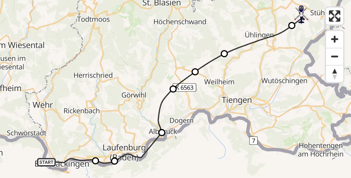 Routekaart van de vlucht: Polizeihubschrauber nach Stühlingen, K 6509