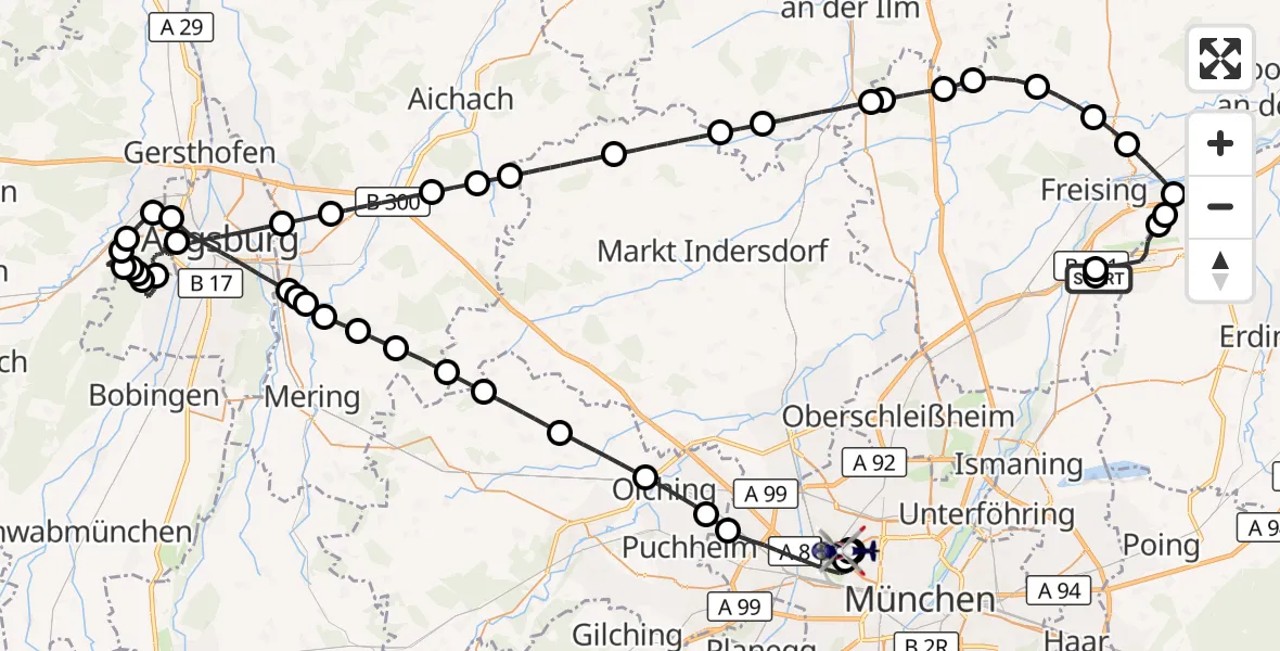Flugroute Polizeihubschrauber München Flughafen - Dritter Orden University Hospital, 30 März 2026, 14:08