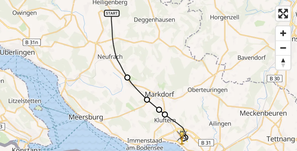 Flugroute Rettungshubschrauber Salem - Friedrichshafen Hospital, 30 März 2026, 14:08